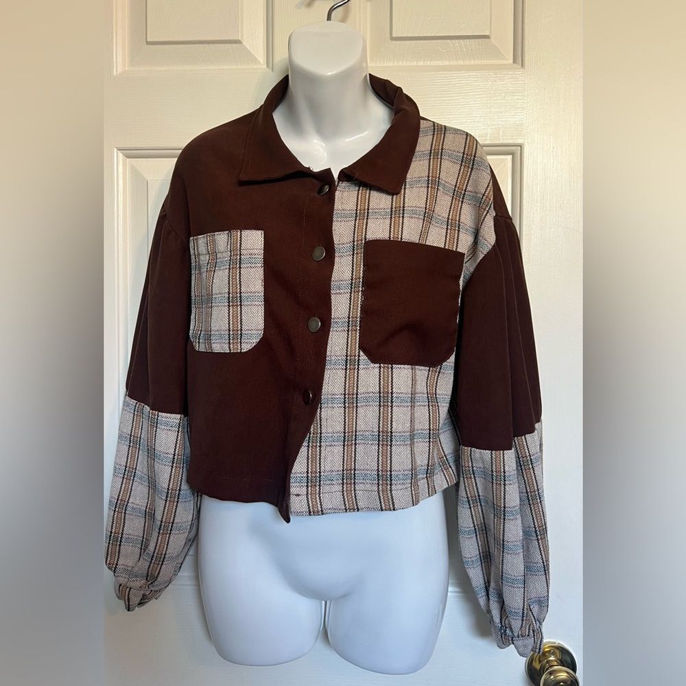 Brown and Plaid Button-Up Jacket